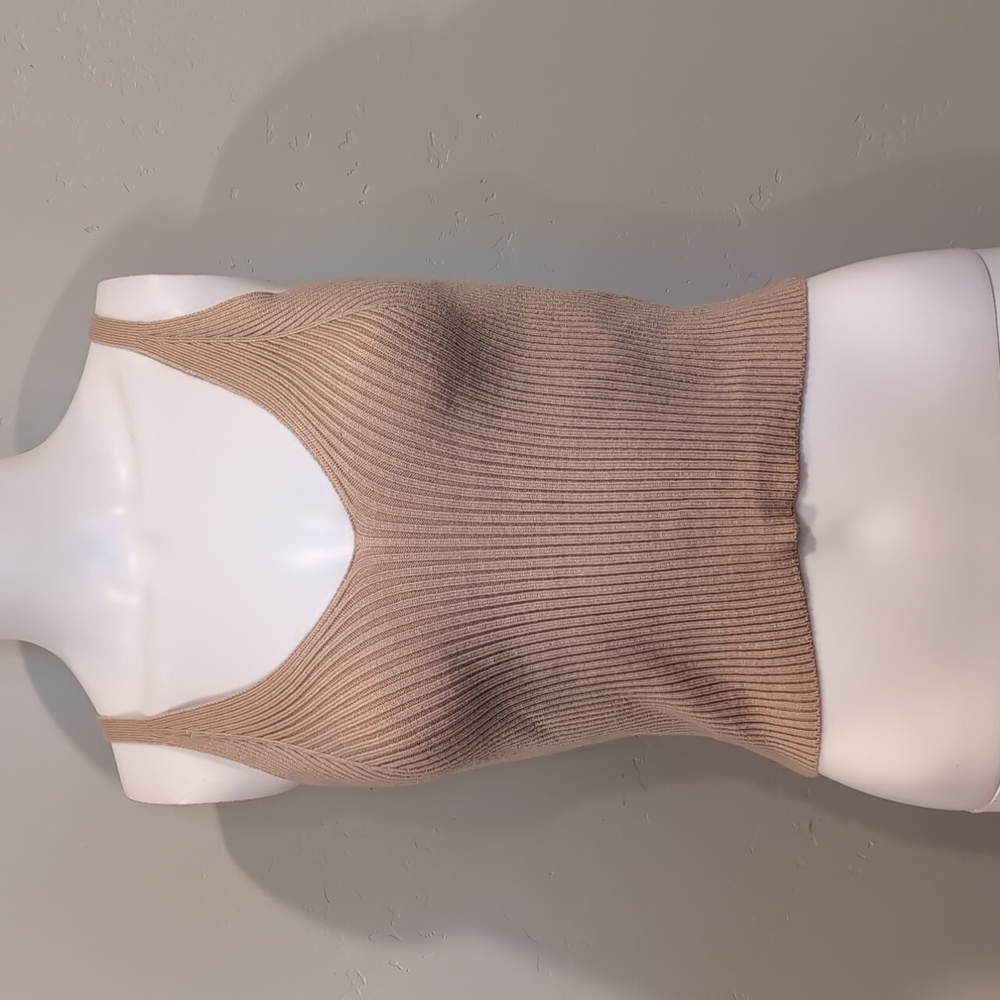 SHEIN Neutral Tan Ribbed Strappy V Neck Square Back Stretchy Crop Top Size Small